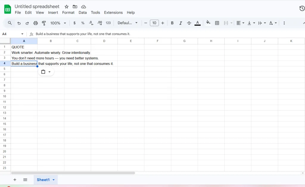 Google Sheets spreadsheet with a “QUOTE” column containing three motivational business quotes prepared for Canva Bulk Create automation.