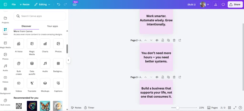 Canva showing multiple quote designs created from Bulk Create