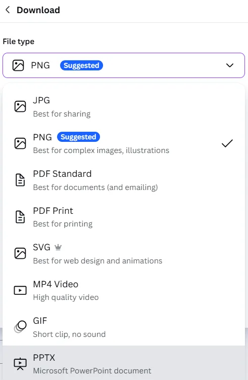 Canva download menu showing export file types including PNG, JPG, PDF, SVG, MP4, and GIF