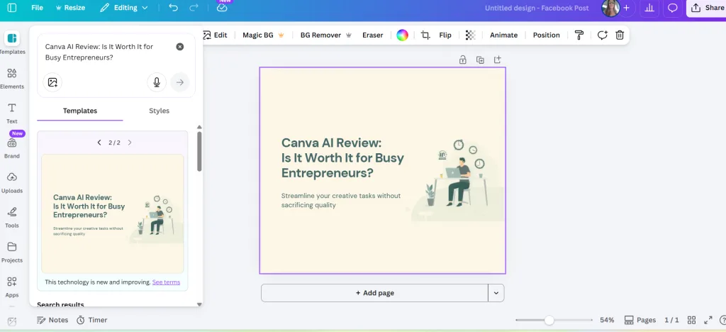 Facebook post layout created by Canva Magic Design from a blog title about whether Canva AI is worth it for busy entrepreneurs