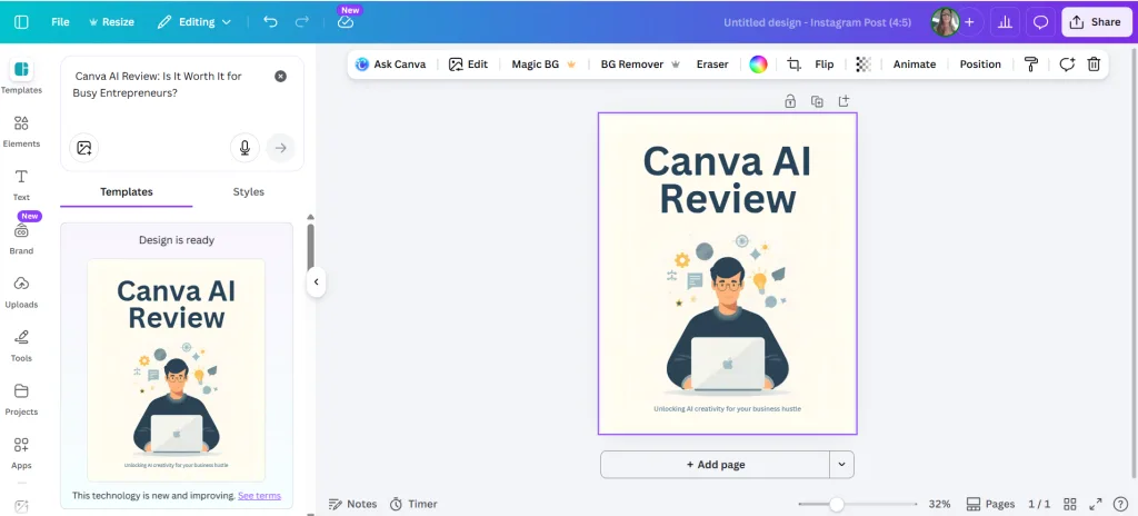 Magic Design Instagram post generated from a Canva AI review blog title about whether Canva AI is worth it.