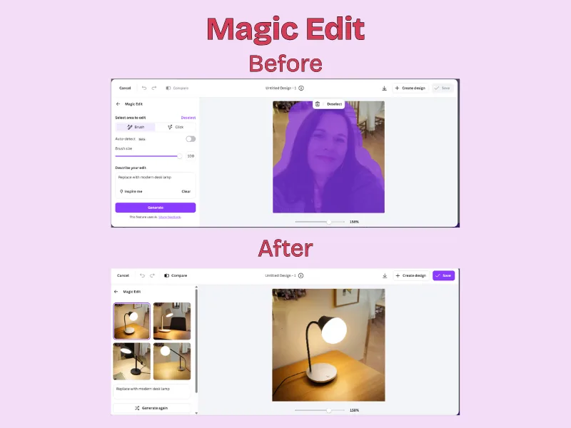 Before and after example of Canva’s Magic Edit tool, showing a selected area on a photo being edited and the final image with a modern desk lamp added to a table.