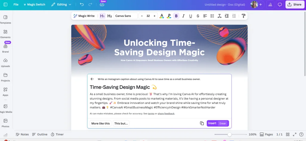 Canva Magic Write generated caption about saving time as a small business owner.