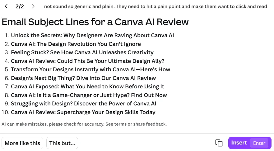 List of revised email subject lines for a Canva AI review shown inside Canva Docs after refining generic AI suggestions.