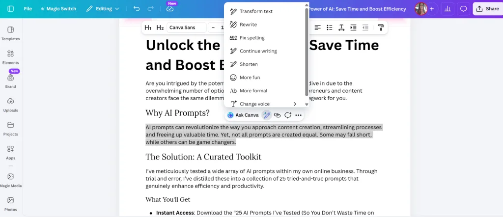 Canva Magic Write menu showing Rewrite, Shorten, and tone options.