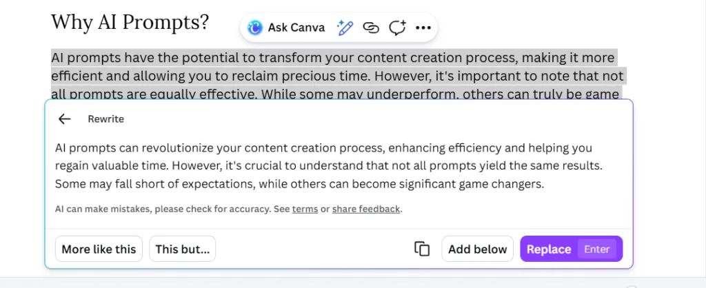 Magic Write rewrite output of a sales paragraph.