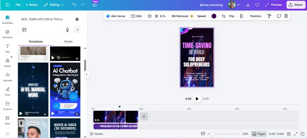 Canva video editor dashboard showing timeline and editing tools