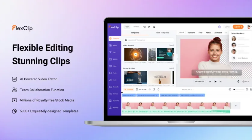 FlexClip video editor dashboard showing templates and editing interface