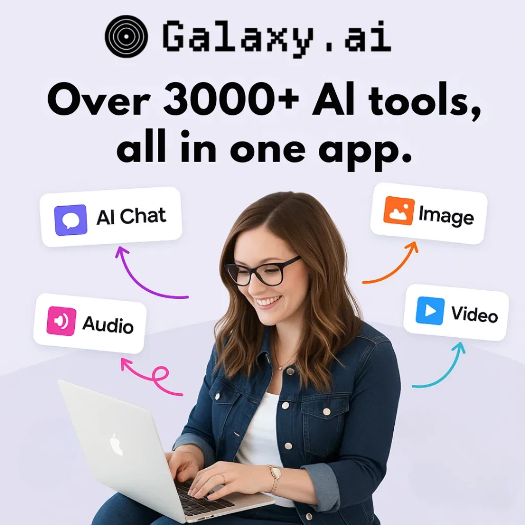 Woman using Galaxy AI platform on a laptop showing AI chat, image, audio, and video tools in one app