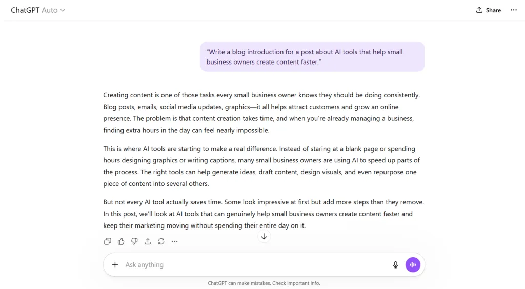 ChatGPT writing a blog introduction about AI tools that help small business owners create content faster.