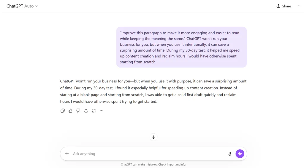 ChatGPT improving a paragraph about AI tools used by small business owners to create content faster.