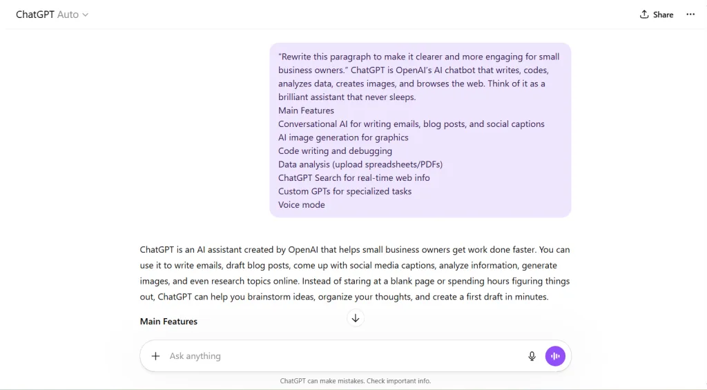 ChatGPT rewriting a paragraph to make the content clearer and easier to read for small business owners.