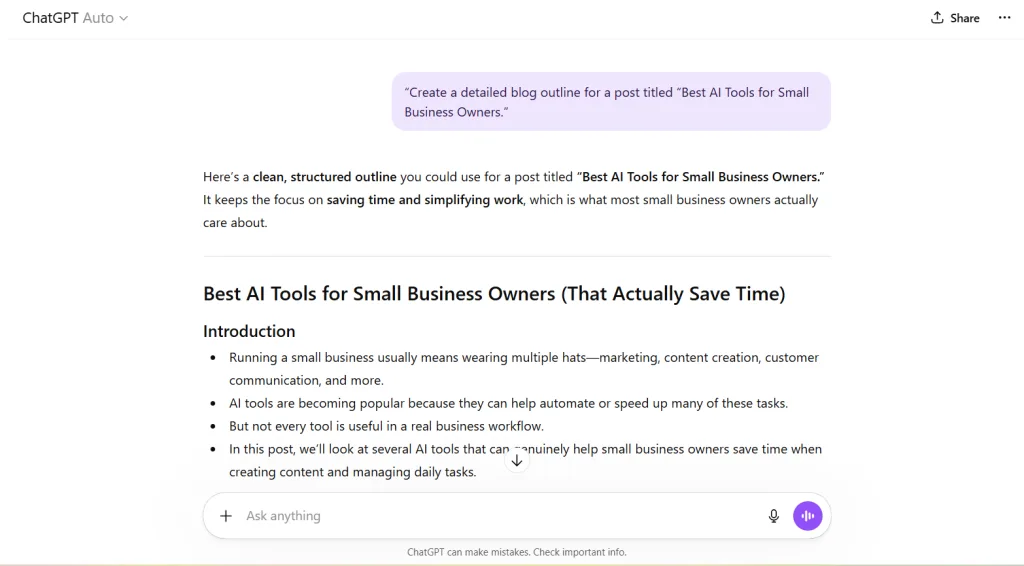 ChatGPT generating a structured blog outline for a post titled Best AI Tools for Small Business Owners.