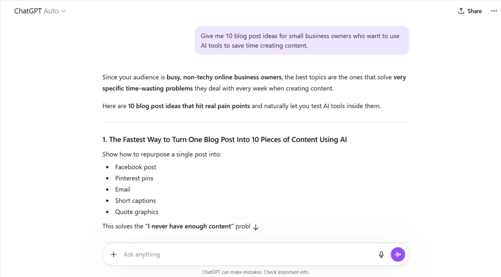 ChatGPT generating blog topic ideas for small business owners using AI tools to create content faster.