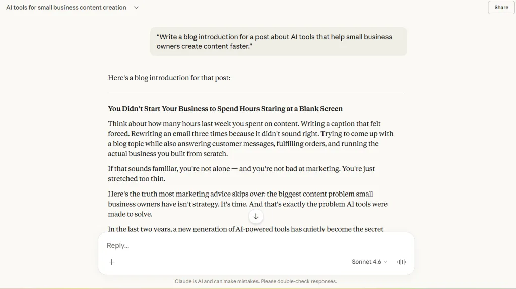 Claude AI generating a blog introduction for a post about AI tools that help small business owners create content faster.