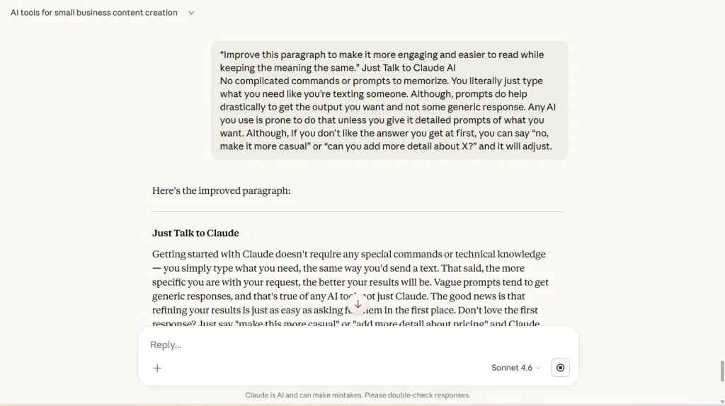 Claude AI is improving a paragraph about AI tools used by small business owners to create content faster.