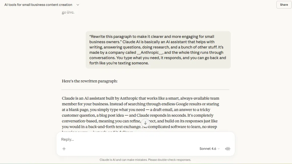 Claude AI rewriting a paragraph to improve clarity and engagement while keeping the meaning the same.