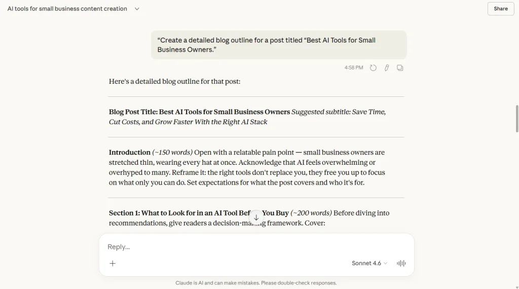 Claude AI generating a detailed blog outline for a post titled Best AI Tools for Small Business Owners.