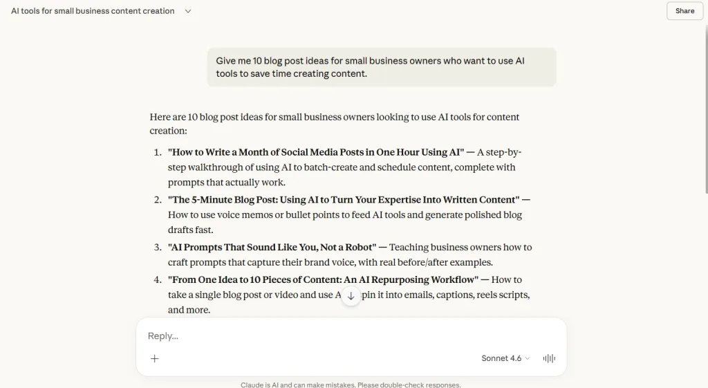 Claude AI generating blog topic ideas for small business owners using AI tools to save time creating content.