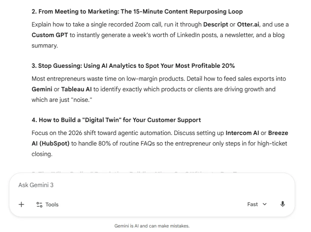 Gemini AI generating blog post ideas for entrepreneurs using AI tools to save time and grow income