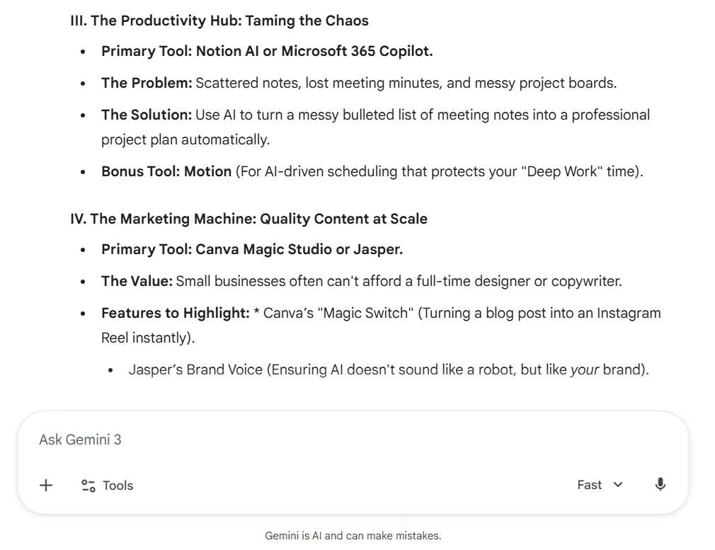 Gemini generating a structured blog outline about AI tools for small business owners.