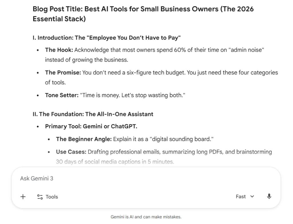 Gemini AI generating a blog outline for a post about best AI tools for small business owners