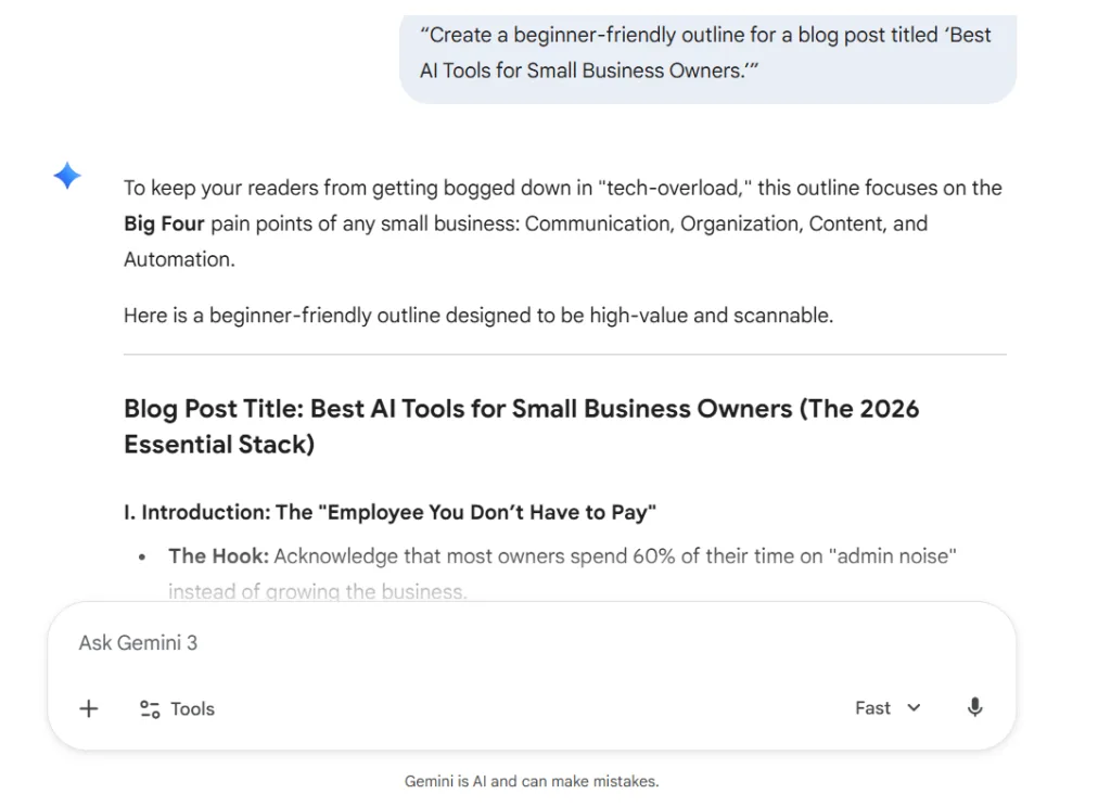 Gemini AI generating a beginner friendly blog outline for a post about AI tools for small business owners