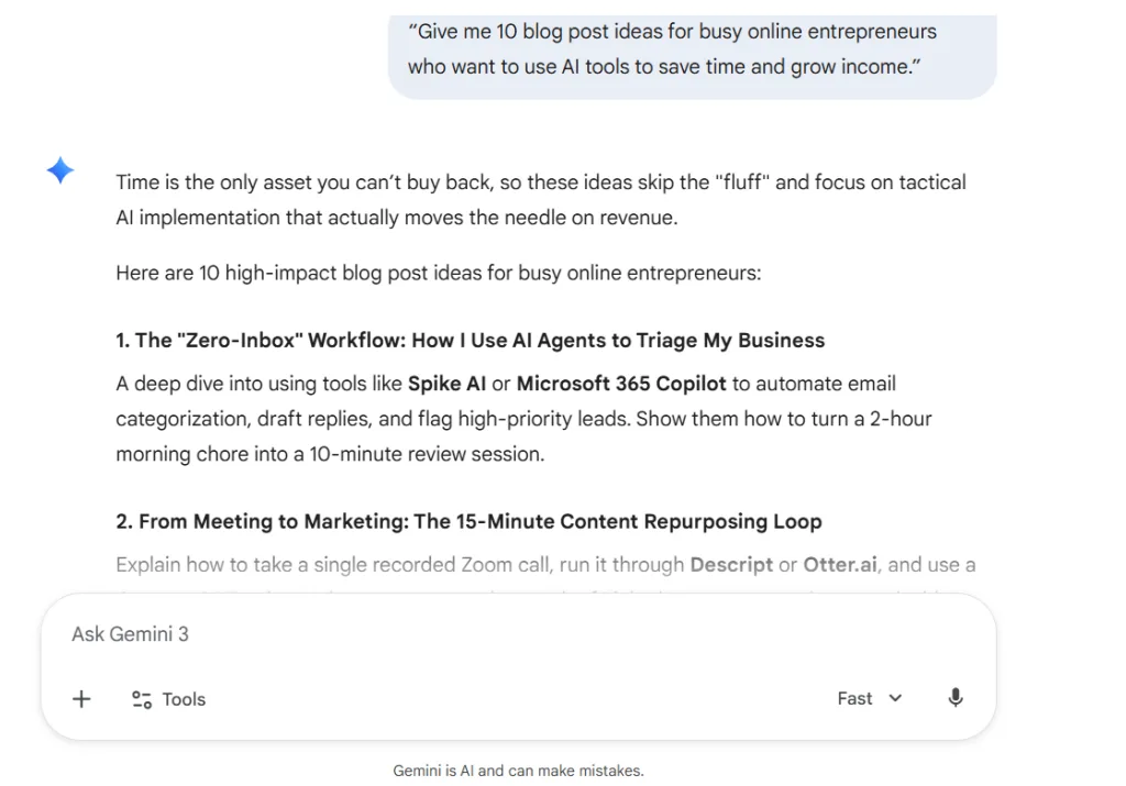 Gemini AI generating blog post ideas for busy entrepreneurs who want to use AI tools to save time and grow income