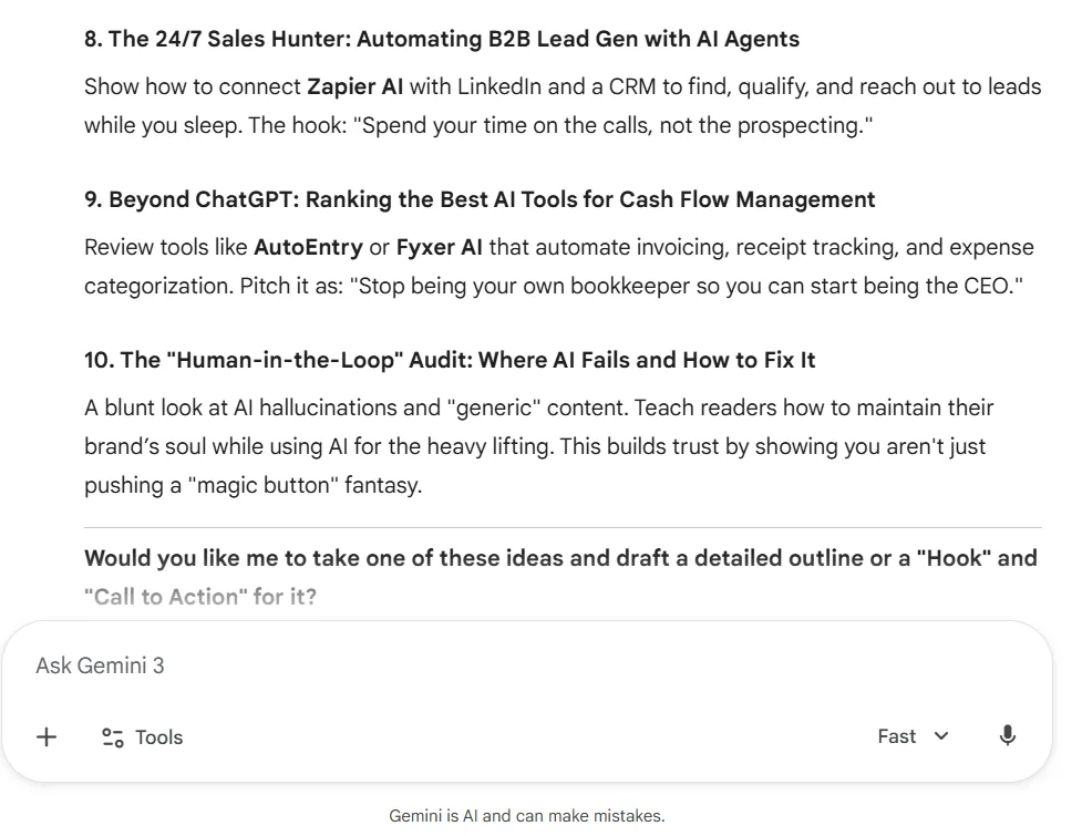 Gemini AI suggesting blog topic ideas about AI tools and automation for entrepreneurs
