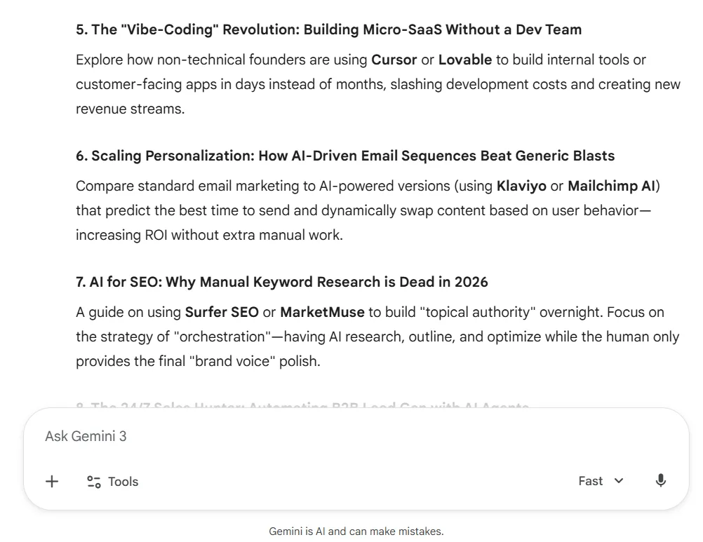 Gemini AI creating content ideas for online entrepreneurs using AI tools in business
