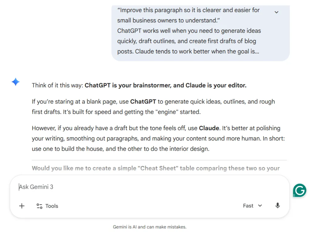 Gemini AI improving a paragraph to make it clearer and easier for small business owners to understand