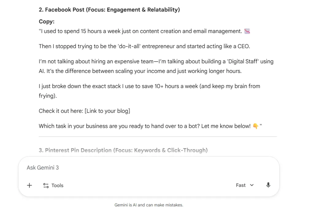Gemini AI generating a Facebook post for entrepreneurs about AI tools that save time