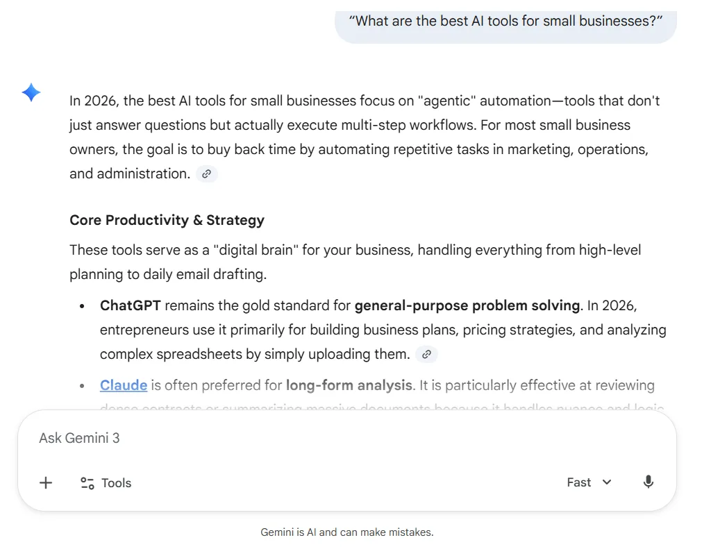 Gemini AI answering a question about the best AI tools for small businesses