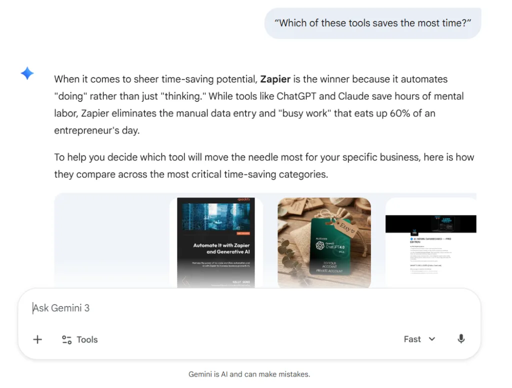 Gemini AI answering a follow-up question about which AI tools save the most time