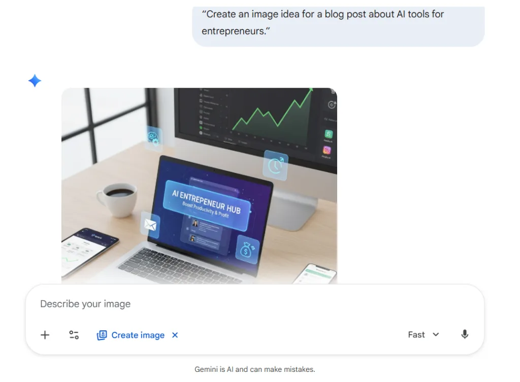 Gemini AI generating an image concept for a blog post about AI tools for entrepreneurs