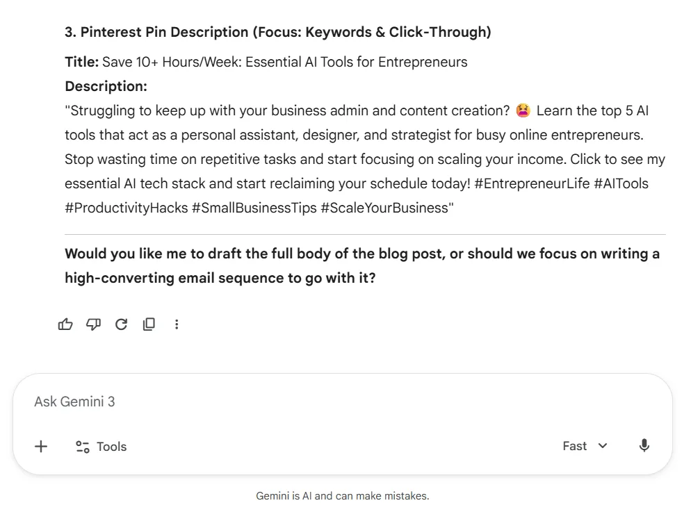 Gemini AI generating a Pinterest pin description for AI tools for entrepreneurs