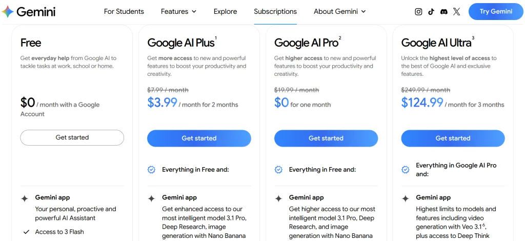 Gemini AI pricing plans showing Free, Google AI Plus, Google AI Pro, and Google AI Ultra subscription costs in 2026.
