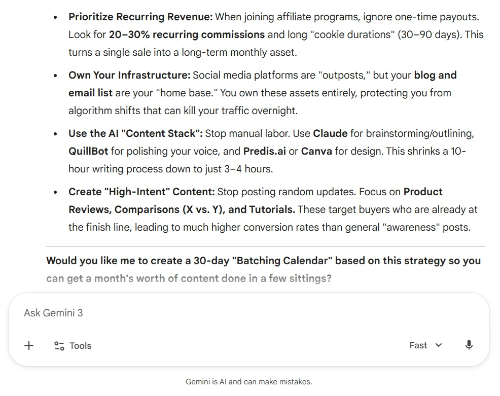 Gemini AI summarizing an affiliate marketing strategy article into key takeaways for entrepreneurs