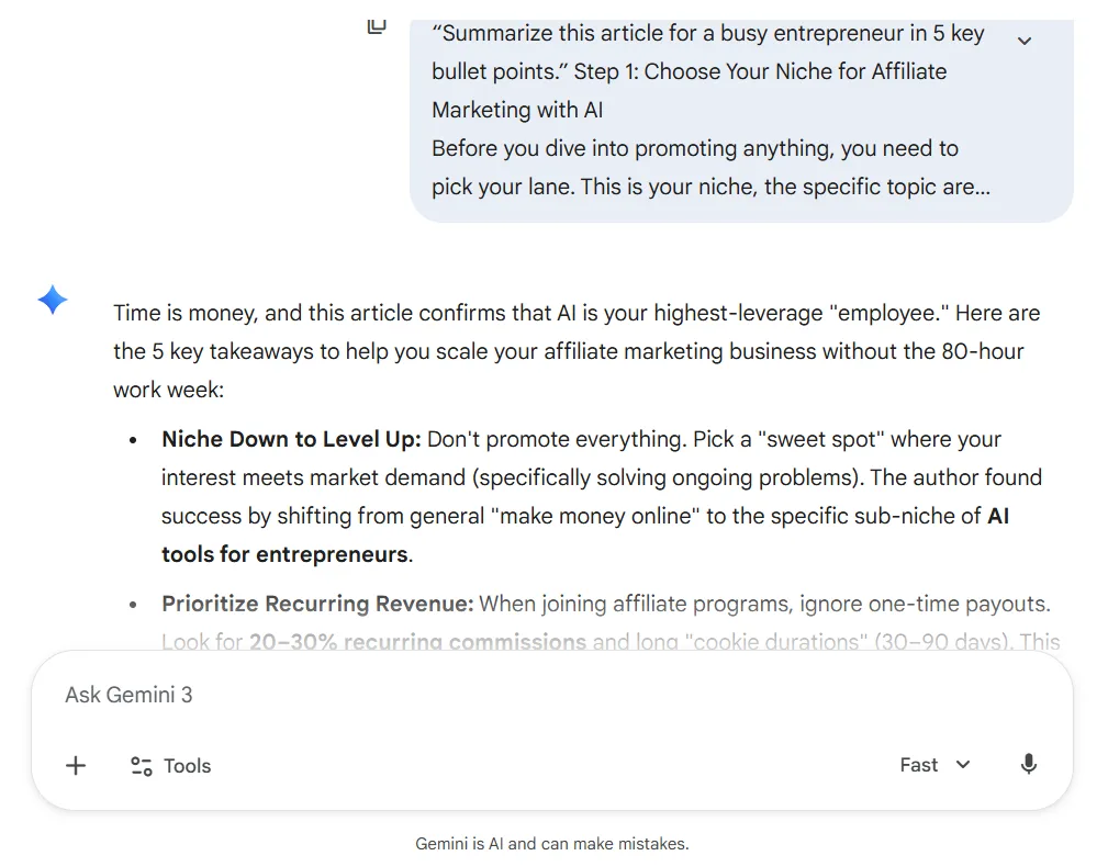 Gemini AI summarizing an affiliate marketing article into five key bullet points for busy entrepreneurs