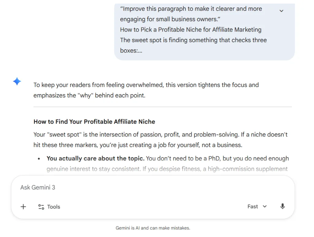 Gemini AI improving a paragraph to make it clearer for small business owners