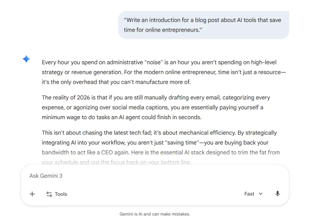 Gemini AI generating a blog outline for a post about AI tools for entrepreneurs