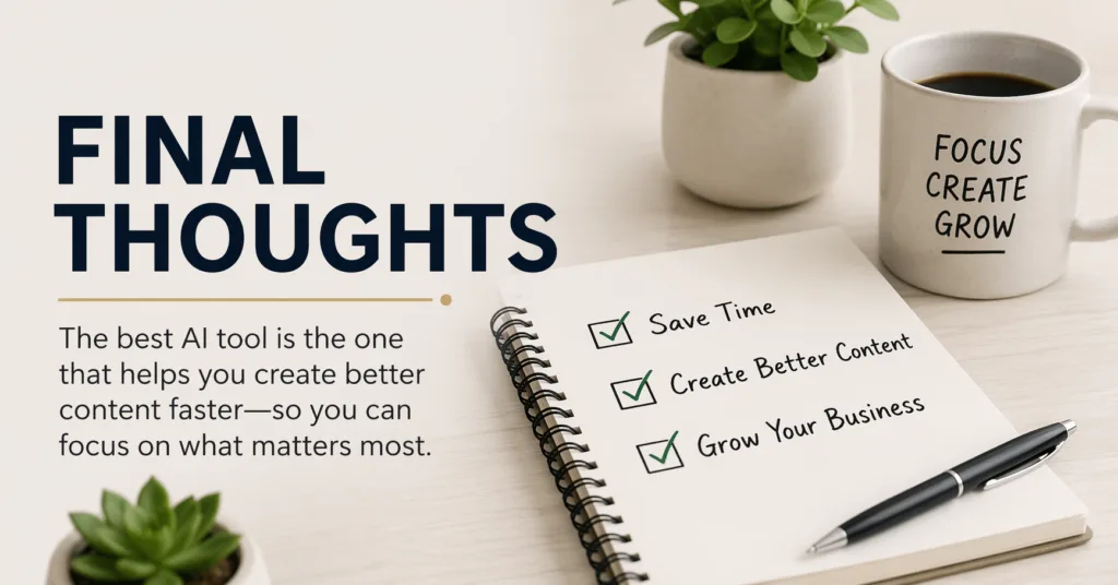 Final thoughts image about choosing the best AI tool for faster content creation in a small business