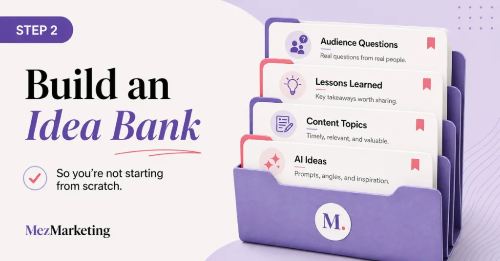 Graphic showing how to build an idea bank for content creation with audience questions, lessons learned, content topics, and AI ideas.