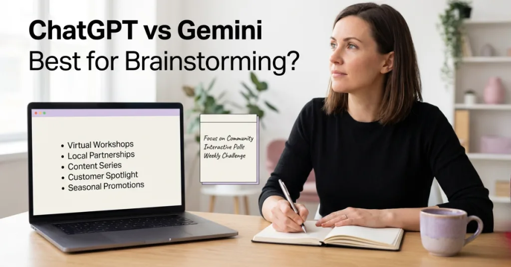 ChatGPT vs Gemini for brainstorming ideas showing a business owner generating content ideas using AI tools