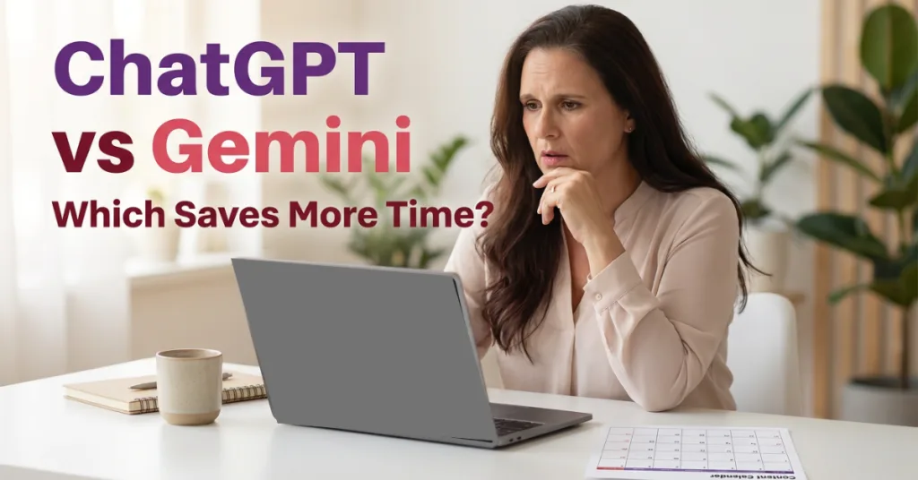 ChatGPT vs Gemini for small business showing a business owner comparing both AI tools to see which one saves more time