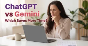 ChatGPT vs Gemini for small business showing a business owner comparing both AI tools to see which one saves more time