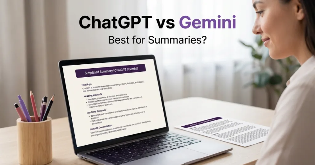 ChatGPT vs Gemini for summaries showing a small business owner reviewing simplified content to save time
