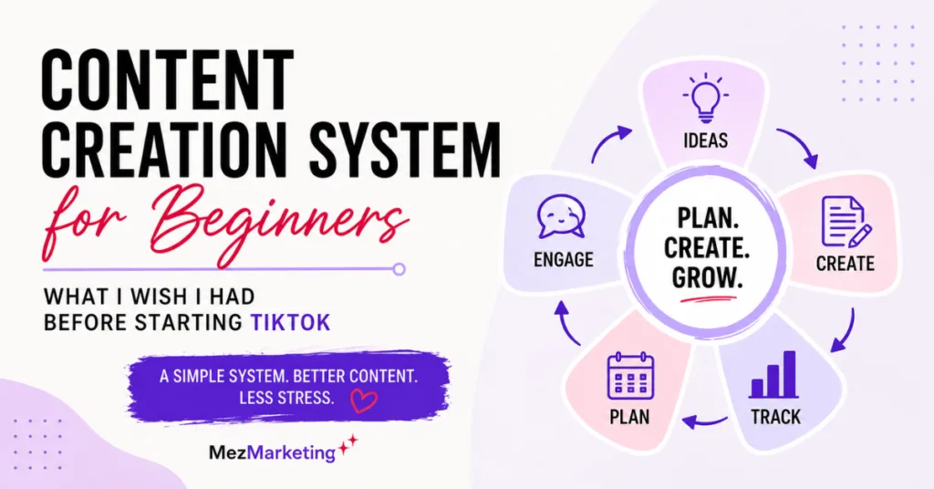 Featured image for Content Creation System for Beginners showing a simple content workflow with ideas, planning, creating, tracking, and engagement.