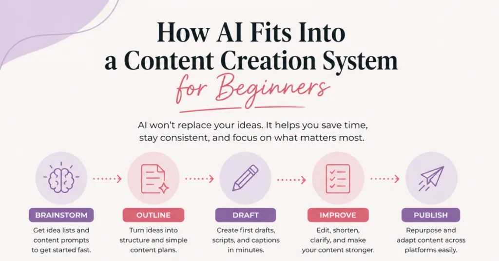 Graphic showing how AI fits into a content creation system for beginners through brainstorming, outlining, drafting, improving, and publishing.