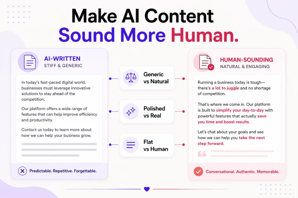 Comparison graphic showing how to make AI content sound more human instead of stiff and generic
